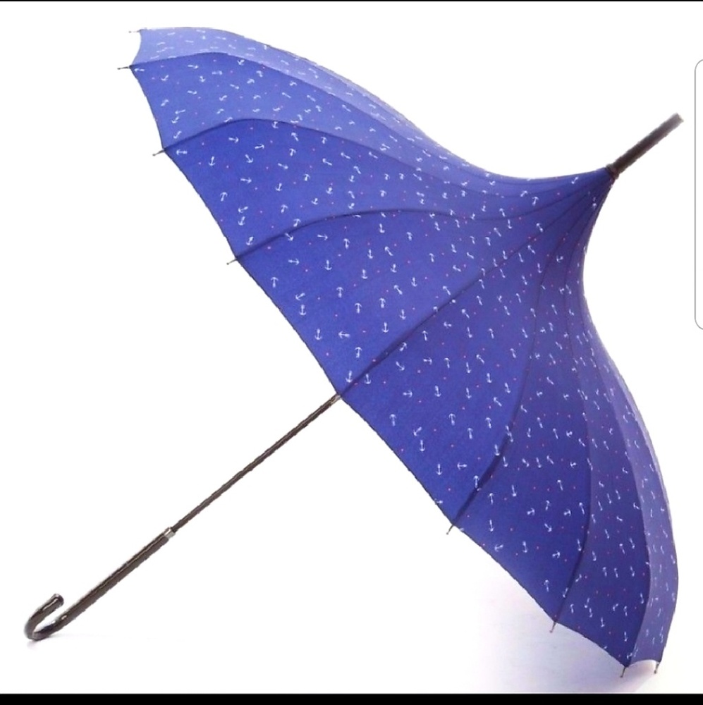 Tatyana Retro Nautical Blue Parasol Umbrella White Anchors Red Stars Hook Handle - Picture 2 of 11